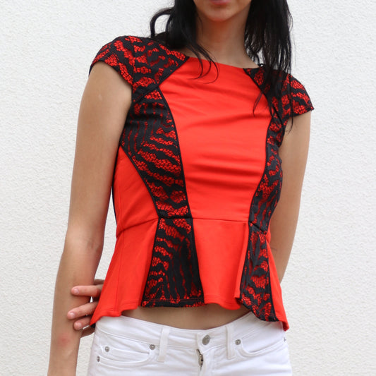 Red Bebe Top with Black Lace