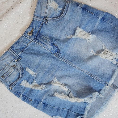 distressed denim mini skirt