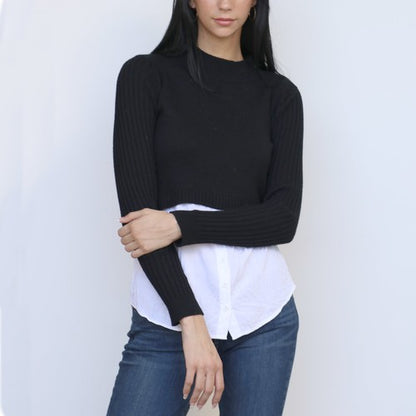 Black sweater with attached shirt bottom.