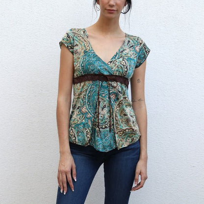 Green and blue paisley top by Agenda