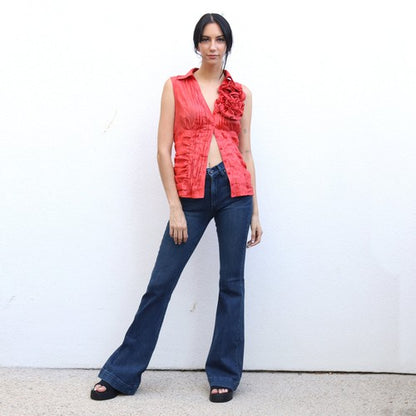 Red top with floral ruffles