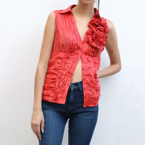 Red top with floral ruffles