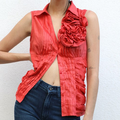 Red top with floral ruffles