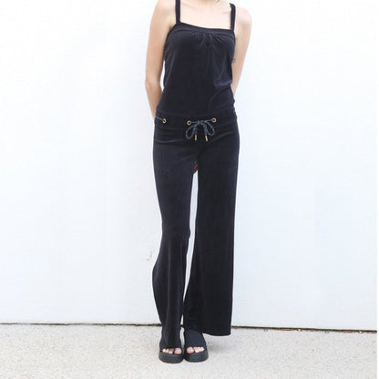 Juicy Couture Jumpsuit Black Velour Romper Spaghetti Strap Gold Accent Sz P