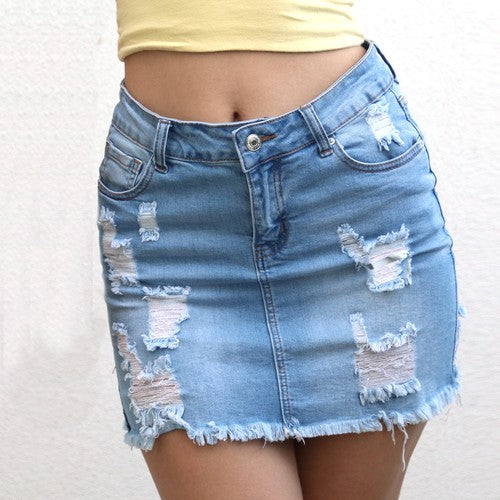 distressed denim mini skirt